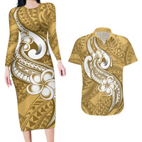 Polynesia Couples Matching Long Sleeve Bodycon Dress and Hawaiian Shirt Plumeria With Tribal Pattern Yellow Pastel Vibes - Wonder Print Shop