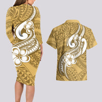 Polynesia Couples Matching Long Sleeve Bodycon Dress and Hawaiian Shirt Plumeria With Tribal Pattern Yellow Pastel Vibes - Wonder Print Shop