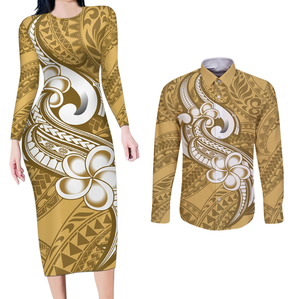 Polynesia Couples Matching Long Sleeve Bodycon Dress and Long Sleeve Button Shirts Plumeria With Tribal Pattern Yellow Pastel Vibes - Wonder Print Shop