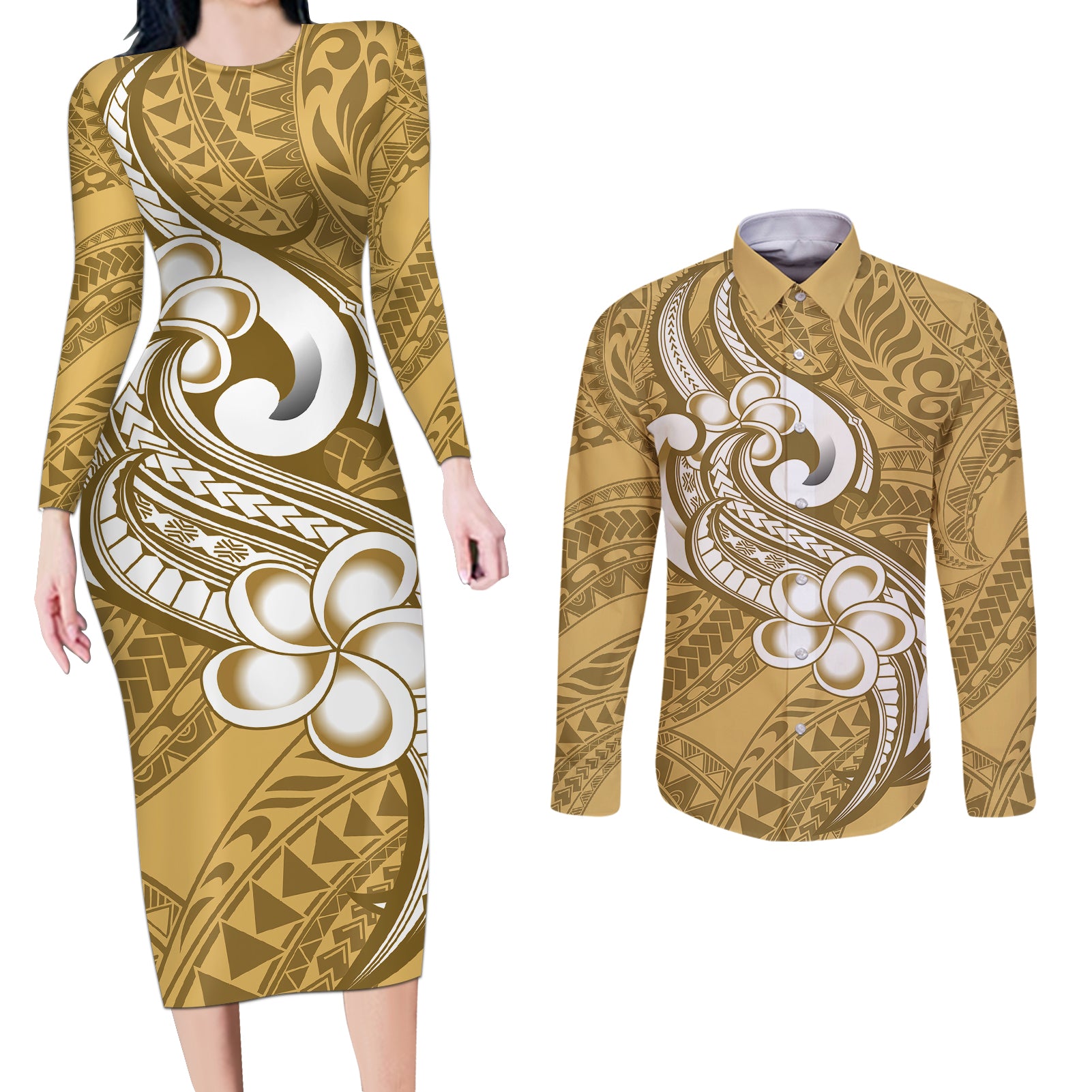 Polynesia Couples Matching Long Sleeve Bodycon Dress and Long Sleeve Button Shirts Plumeria With Tribal Pattern Yellow Pastel Vibes - Wonder Print Shop
