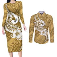 Polynesia Couples Matching Long Sleeve Bodycon Dress and Long Sleeve Button Shirts Plumeria With Tribal Pattern Yellow Pastel Vibes - Wonder Print Shop