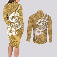 Polynesia Couples Matching Long Sleeve Bodycon Dress and Long Sleeve Button Shirts Plumeria With Tribal Pattern Yellow Pastel Vibes - Wonder Print Shop