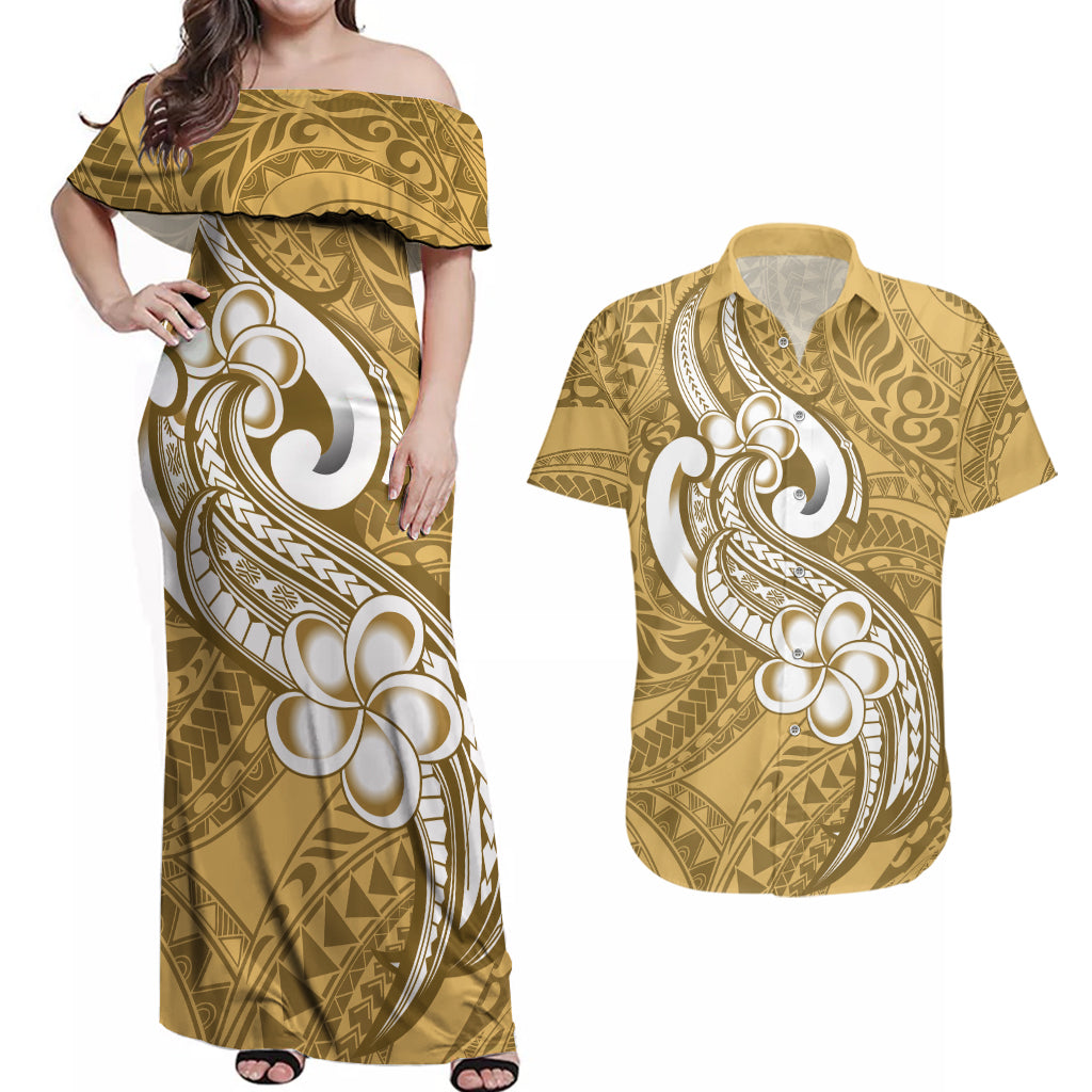 Polynesia Couples Matching Off Shoulder Maxi Dress and Hawaiian Shirt Plumeria With Tribal Pattern Yellow Pastel Vibes - Wonder Print Shop