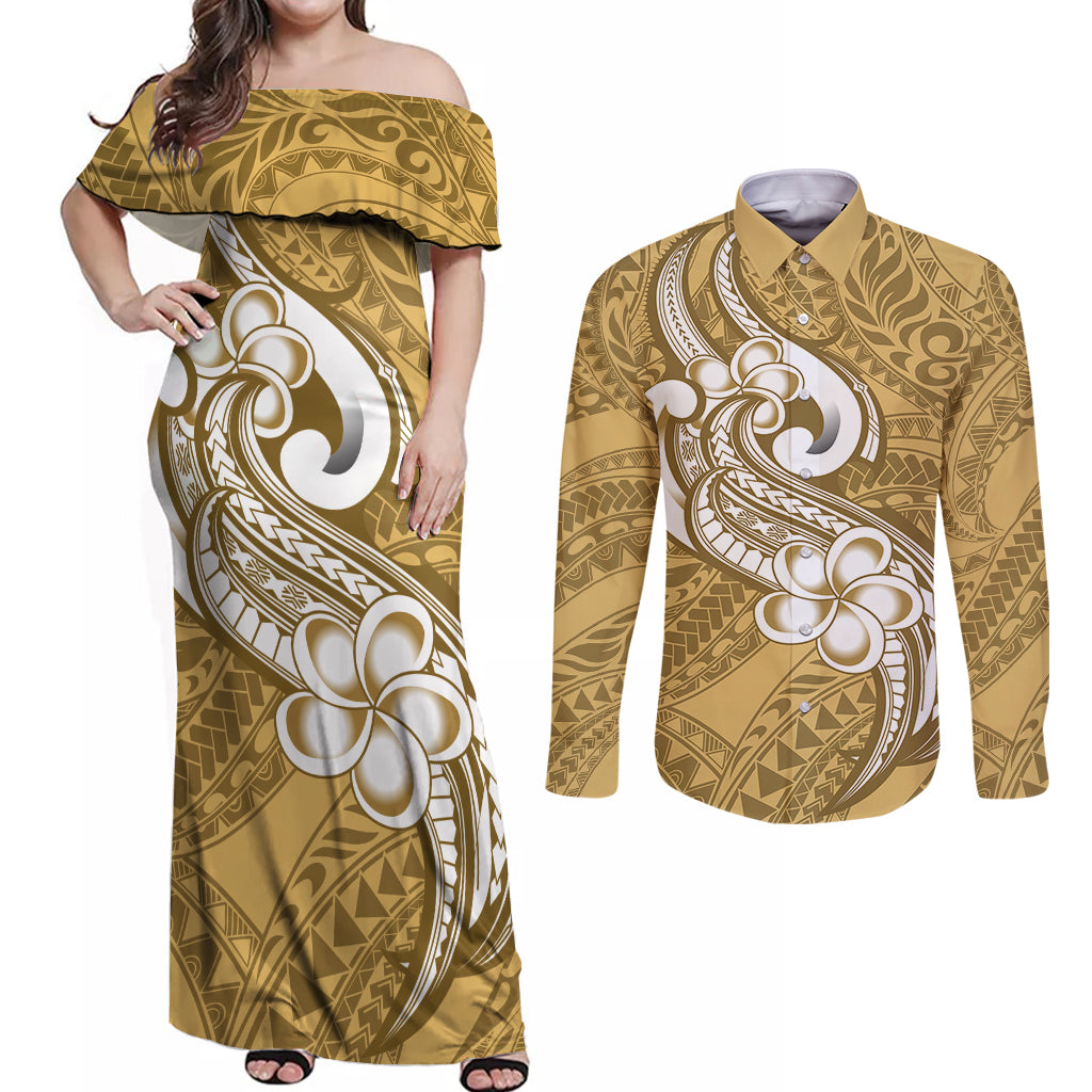 Polynesia Couples Matching Off Shoulder Maxi Dress and Long Sleeve Button Shirts Plumeria With Tribal Pattern Yellow Pastel Vibes - Wonder Print Shop