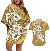 Polynesia Couples Matching Off Shoulder Short Dress and Hawaiian Shirt Plumeria With Tribal Pattern Yellow Pastel Vibes - Wonder Print Shop