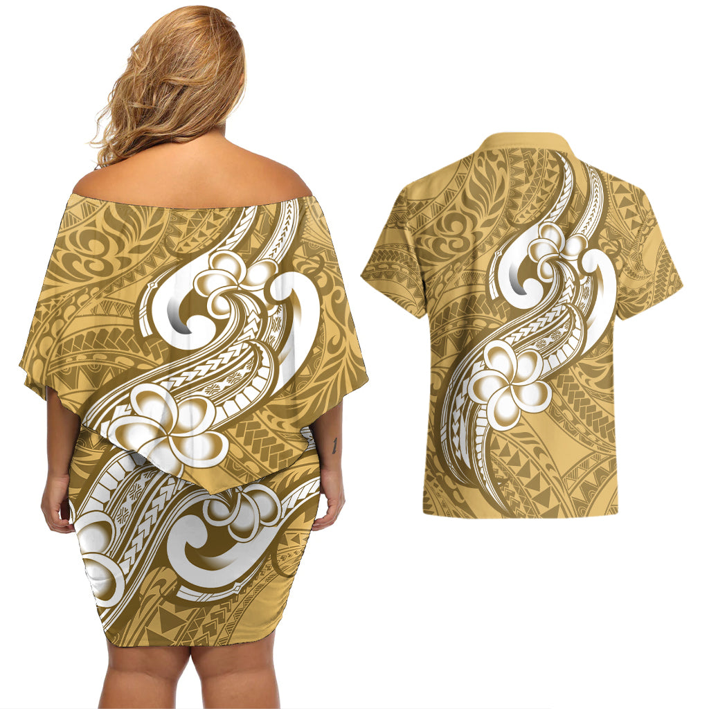 Polynesia Couples Matching Off Shoulder Short Dress and Hawaiian Shirt Plumeria With Tribal Pattern Yellow Pastel Vibes - Wonder Print Shop