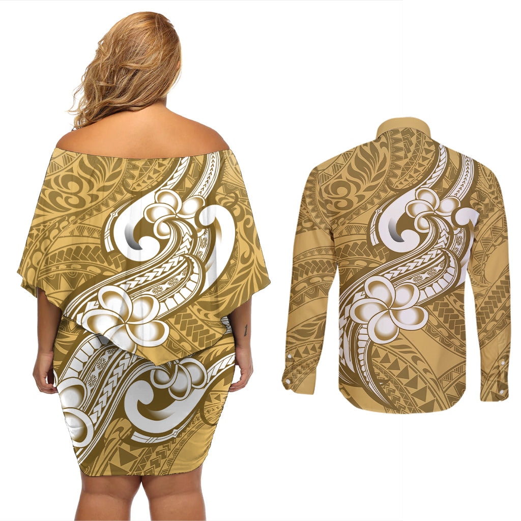 Polynesia Couples Matching Off Shoulder Short Dress and Long Sleeve Button Shirts Plumeria With Tribal Pattern Yellow Pastel Vibes - Wonder Print Shop