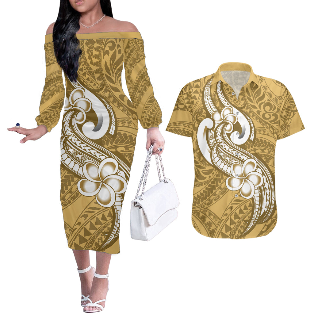 Polynesia Couples Matching Off The Shoulder Long Sleeve Dress and Hawaiian Shirt Plumeria With Tribal Pattern Yellow Pastel Vibes - Wonder Print Shop