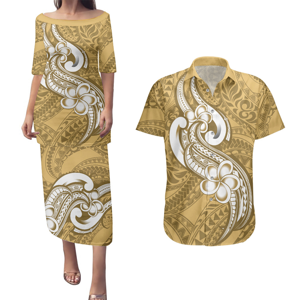Polynesia Couples Matching Puletasi Dress and Hawaiian Shirt Plumeria With Tribal Pattern Yellow Pastel Vibes - Wonder Print Shop