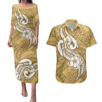 Polynesia Couples Matching Puletasi Dress and Hawaiian Shirt Plumeria With Tribal Pattern Yellow Pastel Vibes - Wonder Print Shop