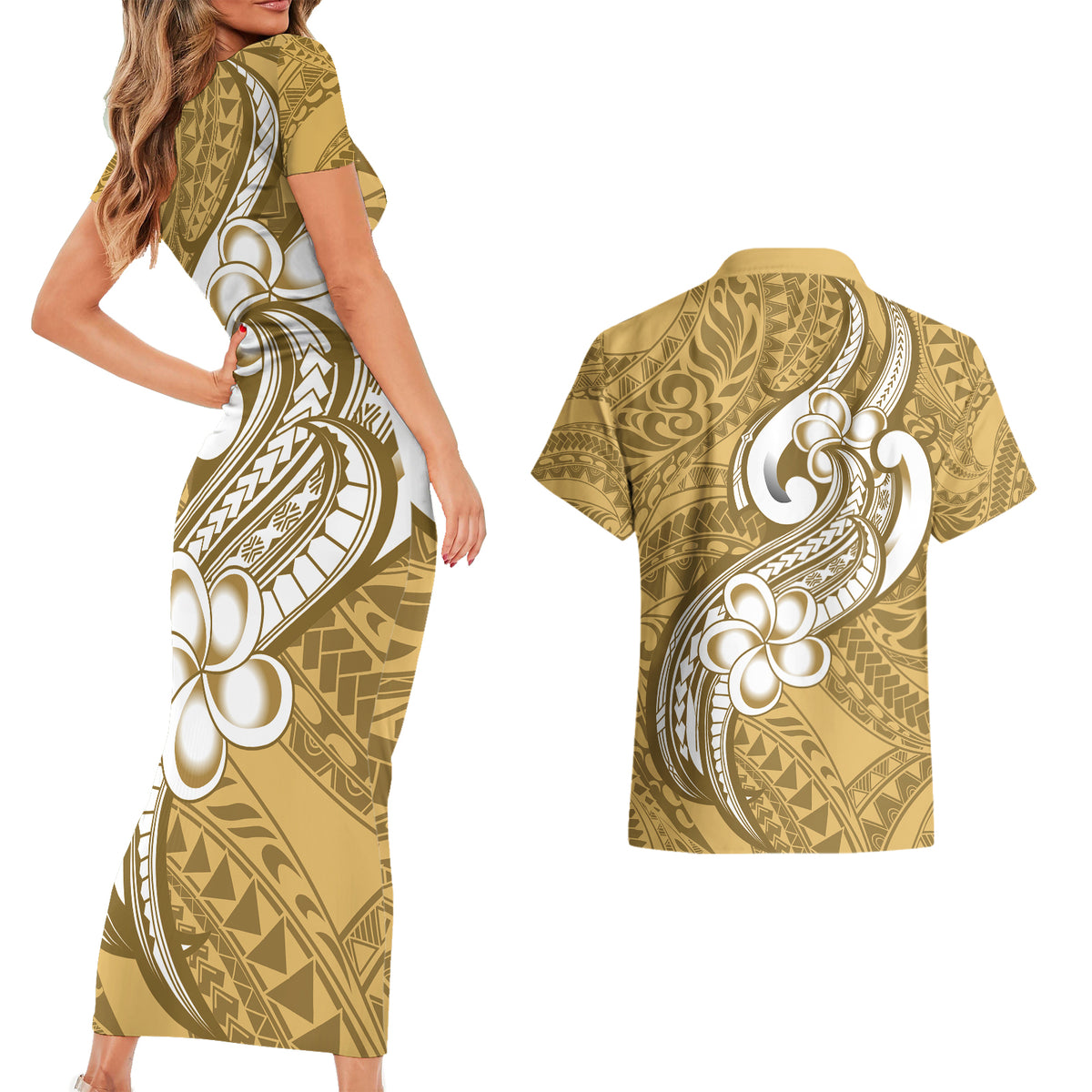 Polynesia Couples Matching Short Sleeve Bodycon Dress and Hawaiian Shirt Plumeria With Tribal Pattern Yellow Pastel Vibes - Wonder Print Shop