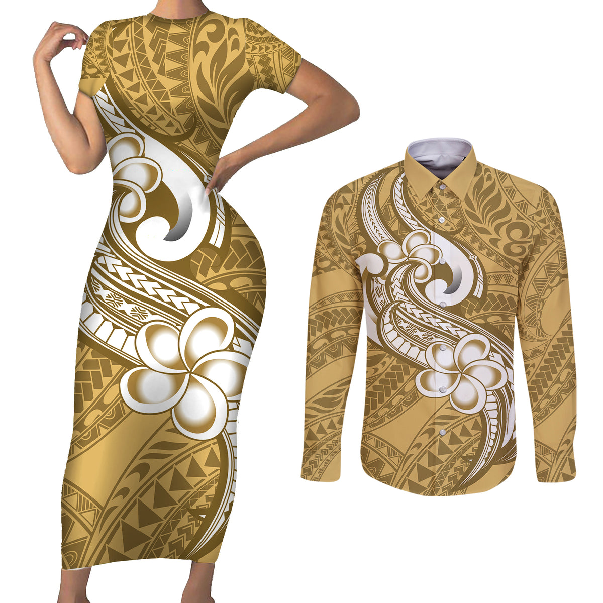 Polynesia Couples Matching Short Sleeve Bodycon Dress and Long Sleeve Button Shirts Plumeria With Tribal Pattern Yellow Pastel Vibes - Wonder Print Shop