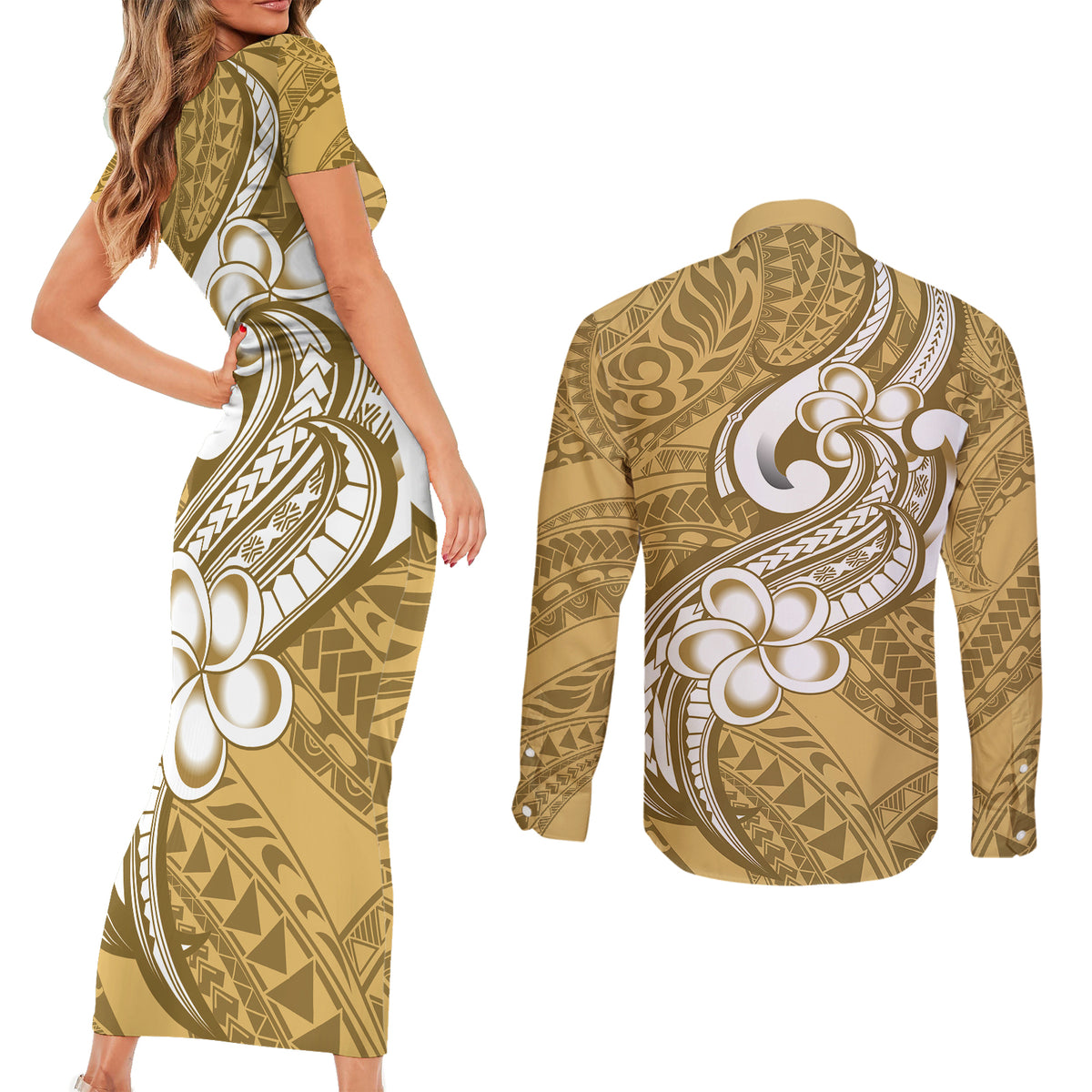 Polynesia Couples Matching Short Sleeve Bodycon Dress and Long Sleeve Button Shirts Plumeria With Tribal Pattern Yellow Pastel Vibes - Wonder Print Shop