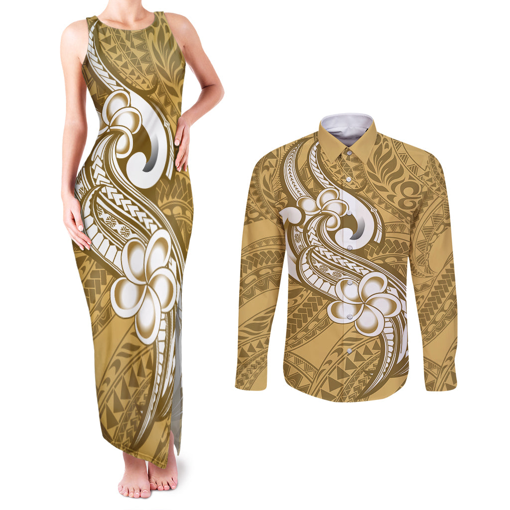 Polynesia Couples Matching Tank Maxi Dress and Long Sleeve Button Shirts Plumeria With Tribal Pattern Yellow Pastel Vibes - Wonder Print Shop