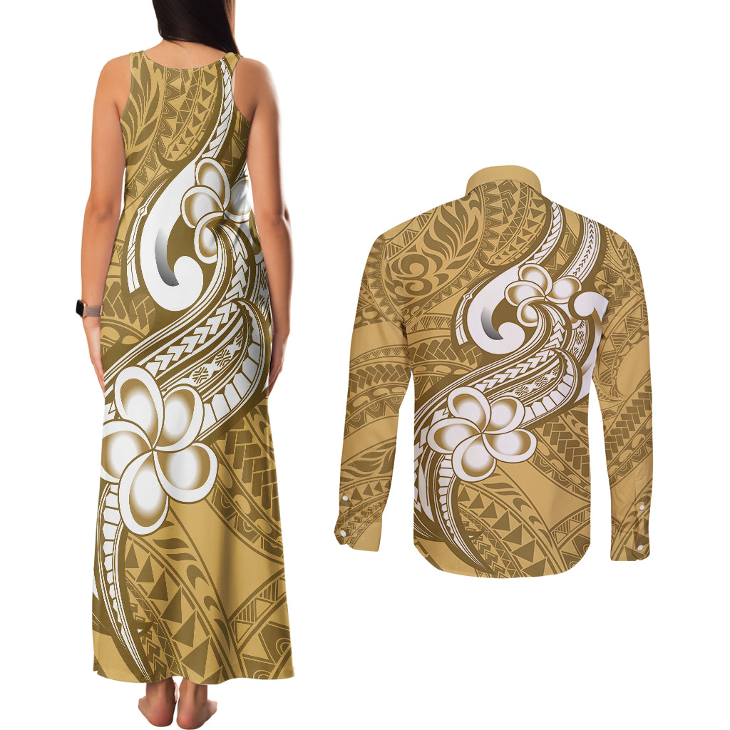 Polynesia Couples Matching Tank Maxi Dress and Long Sleeve Button Shirts Plumeria With Tribal Pattern Yellow Pastel Vibes - Wonder Print Shop