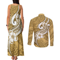 Polynesia Couples Matching Tank Maxi Dress and Long Sleeve Button Shirts Plumeria With Tribal Pattern Yellow Pastel Vibes - Wonder Print Shop