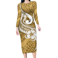 Polynesia Long Sleeve Bodycon Dress Plumeria With Tribal Pattern Yellow Pastel Vibes - Wonder Print Shop