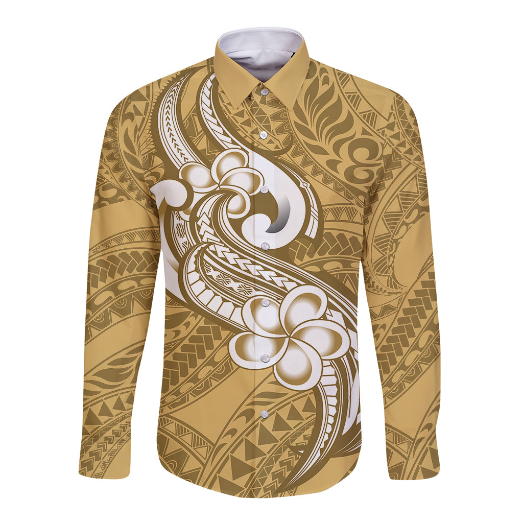 Polynesia Long Sleeve Button Shirt Plumeria With Tribal Pattern Yellow Pastel Vibes - Wonder Print Shop