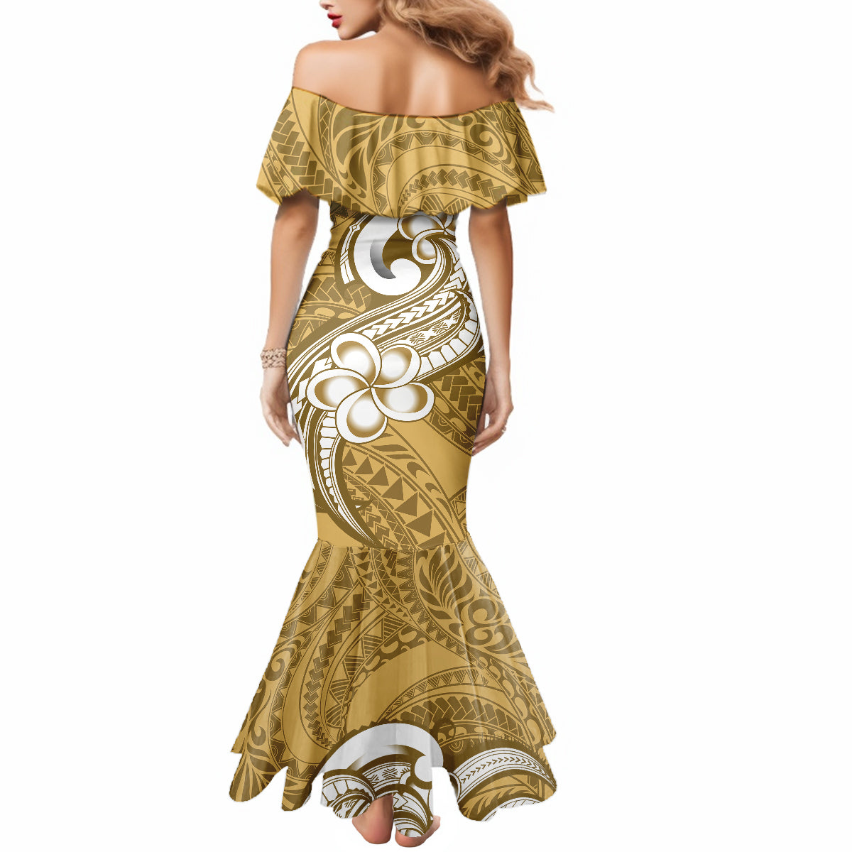Polynesia Mermaid Dress Plumeria With Tribal Pattern Yellow Pastel Vibes - Wonder Print Shop