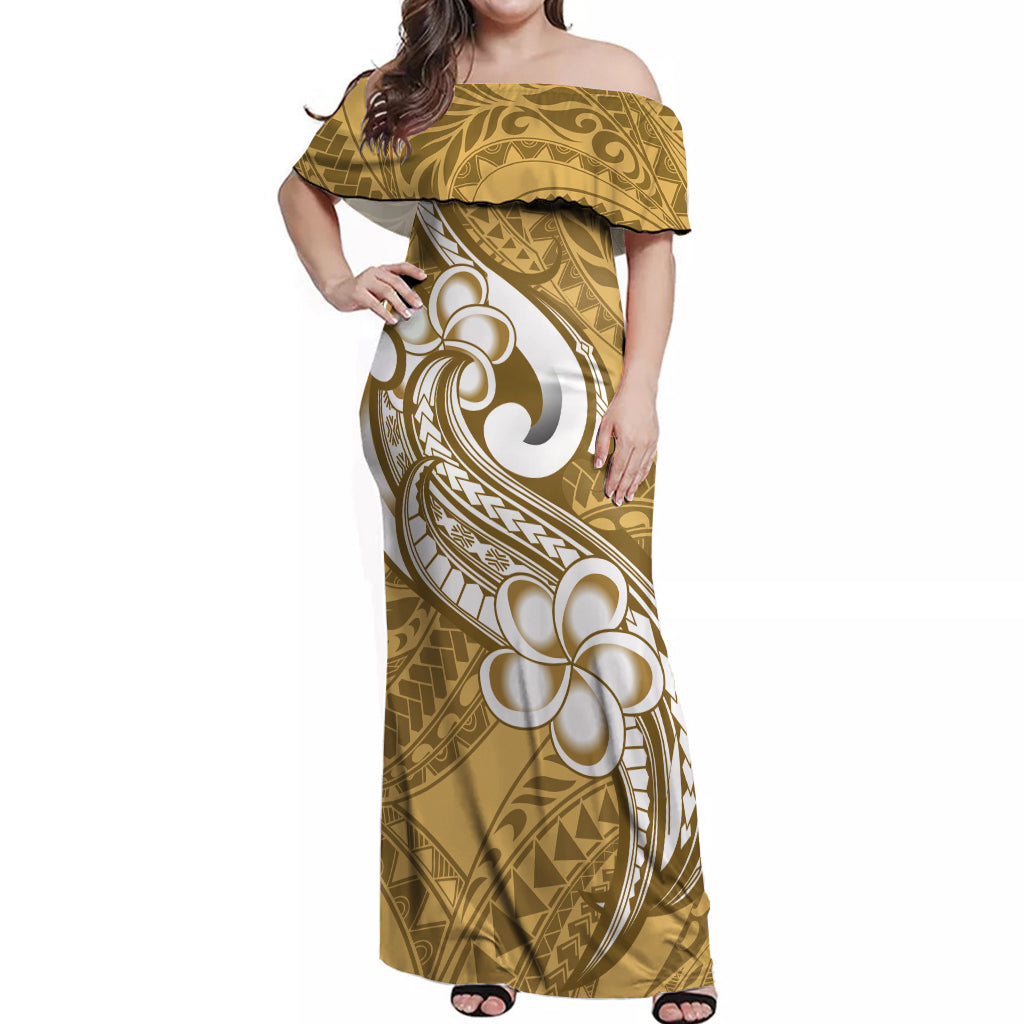 Polynesia Off Shoulder Maxi Dress Plumeria With Tribal Pattern Yellow Pastel Vibes - Wonder Print Shop