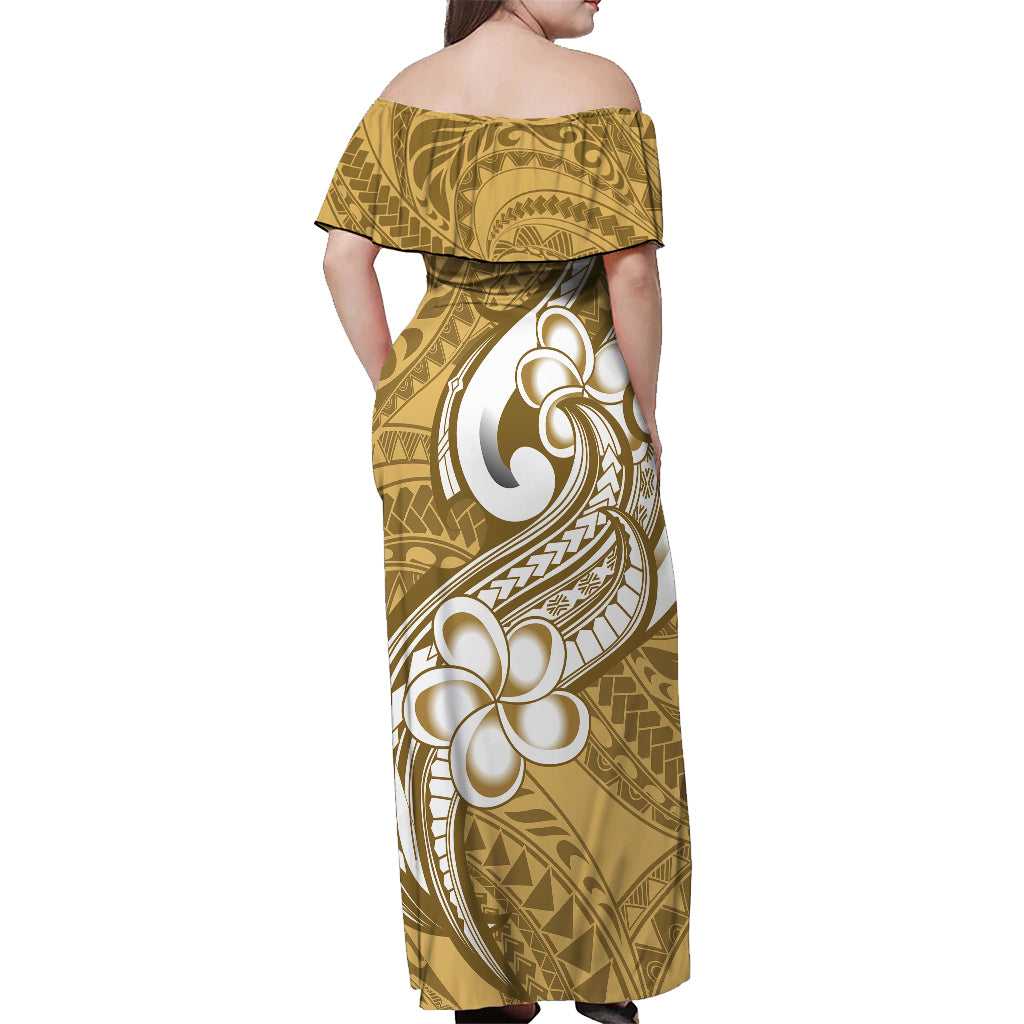 Polynesia Off Shoulder Maxi Dress Plumeria With Tribal Pattern Yellow Pastel Vibes - Wonder Print Shop