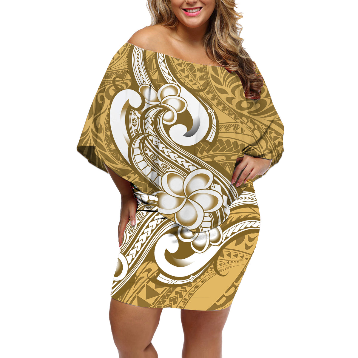 Polynesia Off Shoulder Short Dress Plumeria With Tribal Pattern Yellow Pastel Vibes - Wonder Print Shop