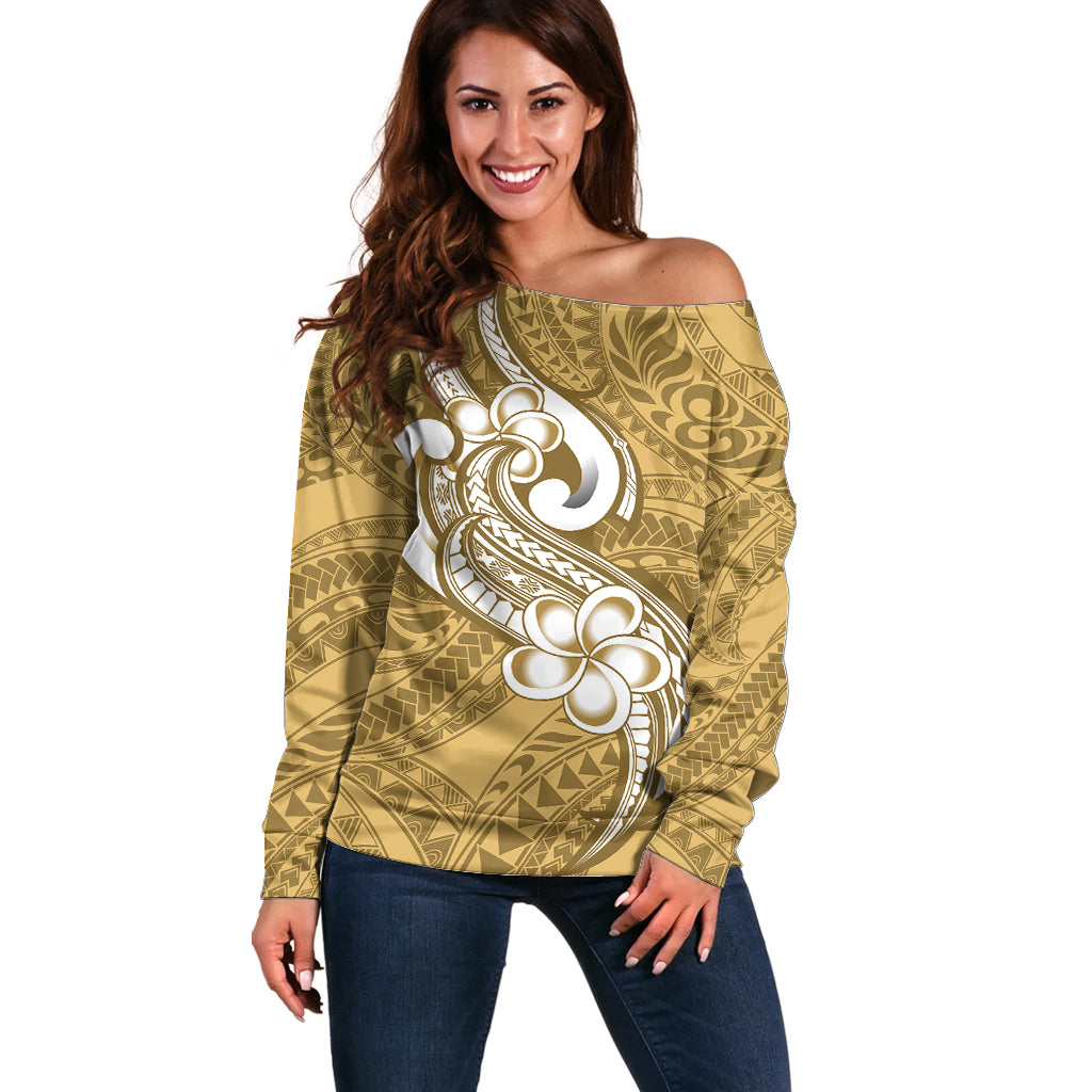 Polynesia Off Shoulder Sweater Plumeria With Tribal Pattern Yellow Pastel Vibes - Wonder Print Shop