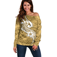 Polynesia Off Shoulder Sweater Plumeria With Tribal Pattern Yellow Pastel Vibes - Wonder Print Shop