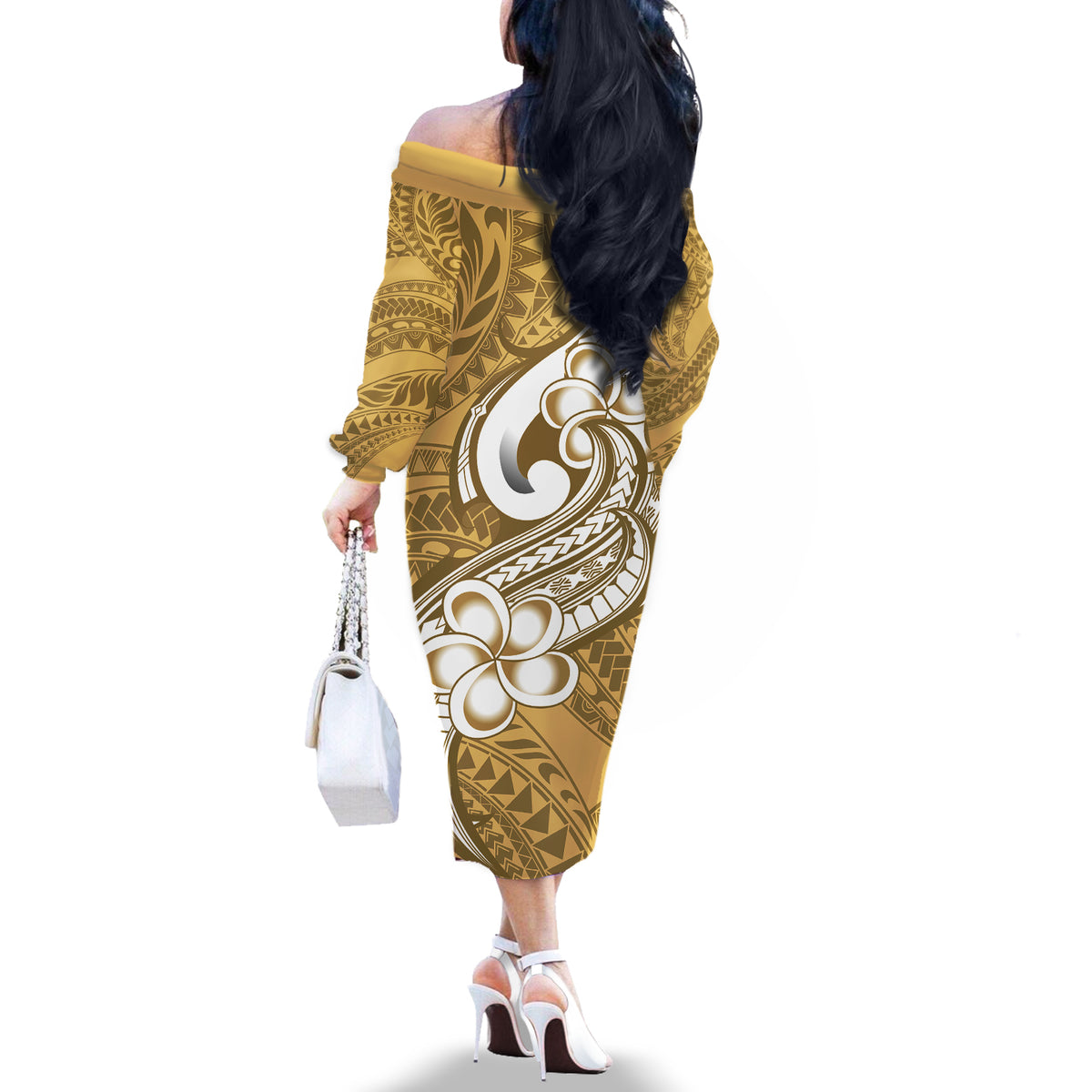 Polynesia Off The Shoulder Long Sleeve Dress Plumeria With Tribal Pattern Yellow Pastel Vibes - Wonder Print Shop