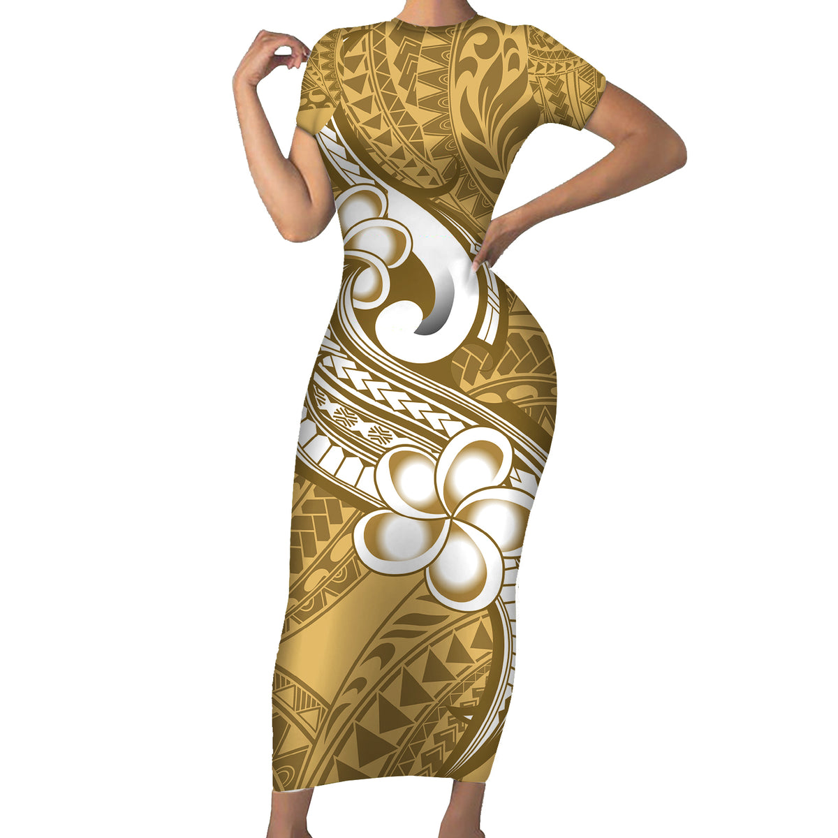 Polynesia Short Sleeve Bodycon Dress Plumeria With Tribal Pattern Yellow Pastel Vibes - Wonder Print Shop