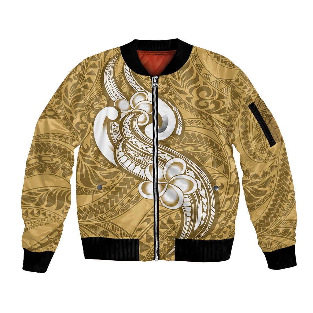 Polynesia Sleeve Zip Bomber Jacket Plumeria With Tribal Pattern Yellow Pastel Vibes - Wonder Print Shop