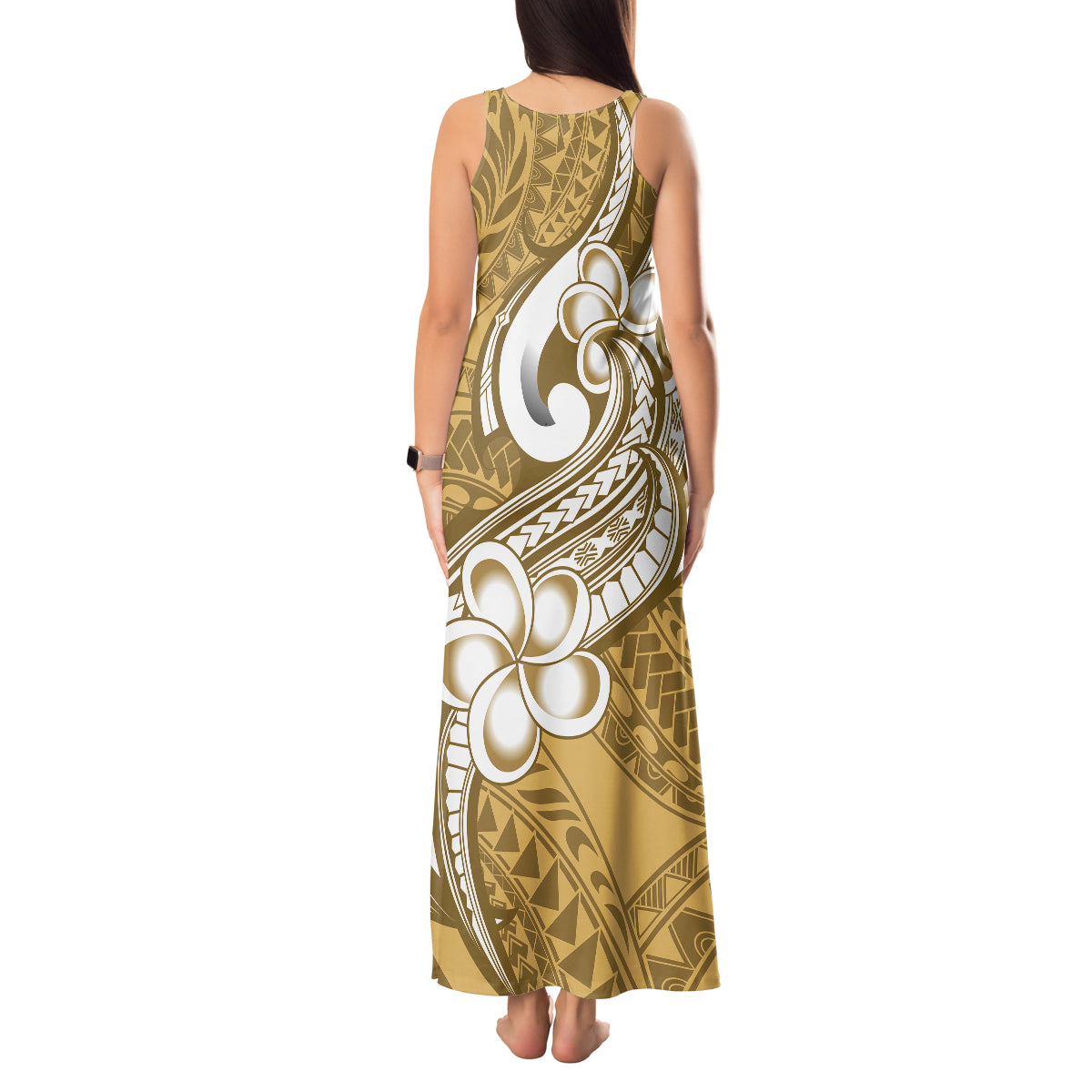 Polynesia Tank Maxi Dress Plumeria With Tribal Pattern Yellow Pastel Vibes - Wonder Print Shop