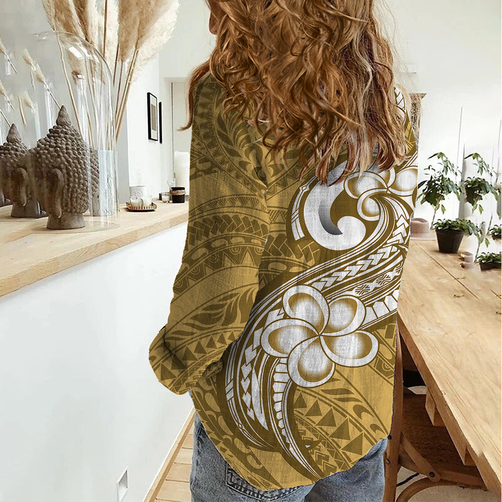 Polynesia Women Casual Shirt Plumeria With Tribal Pattern Yellow Pastel Vibes - Wonder Print Shop