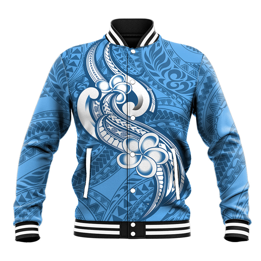 Polynesia Baseball Jacket Plumeria With Tribal Pattern Blue Pastel Vibes - Wonder Print Shop