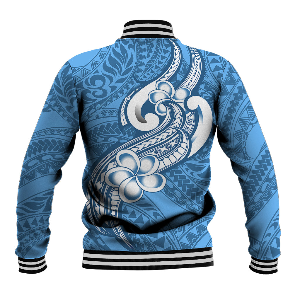 Polynesia Baseball Jacket Plumeria With Tribal Pattern Blue Pastel Vibes - Wonder Print Shop