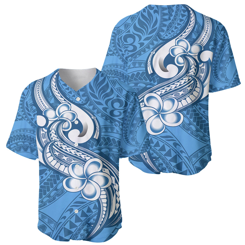 Polynesia Baseball Jersey Plumeria With Tribal Pattern Blue Pastel Vibes - Wonder Print Shop