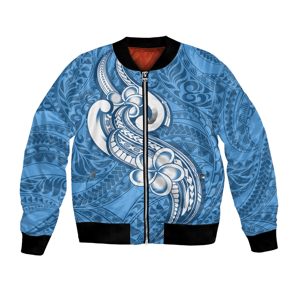 Polynesia Bomber Jacket Plumeria With Tribal Pattern Blue Pastel Vibes - Wonder Print Shop