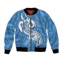 Polynesia Bomber Jacket Plumeria With Tribal Pattern Blue Pastel Vibes - Wonder Print Shop