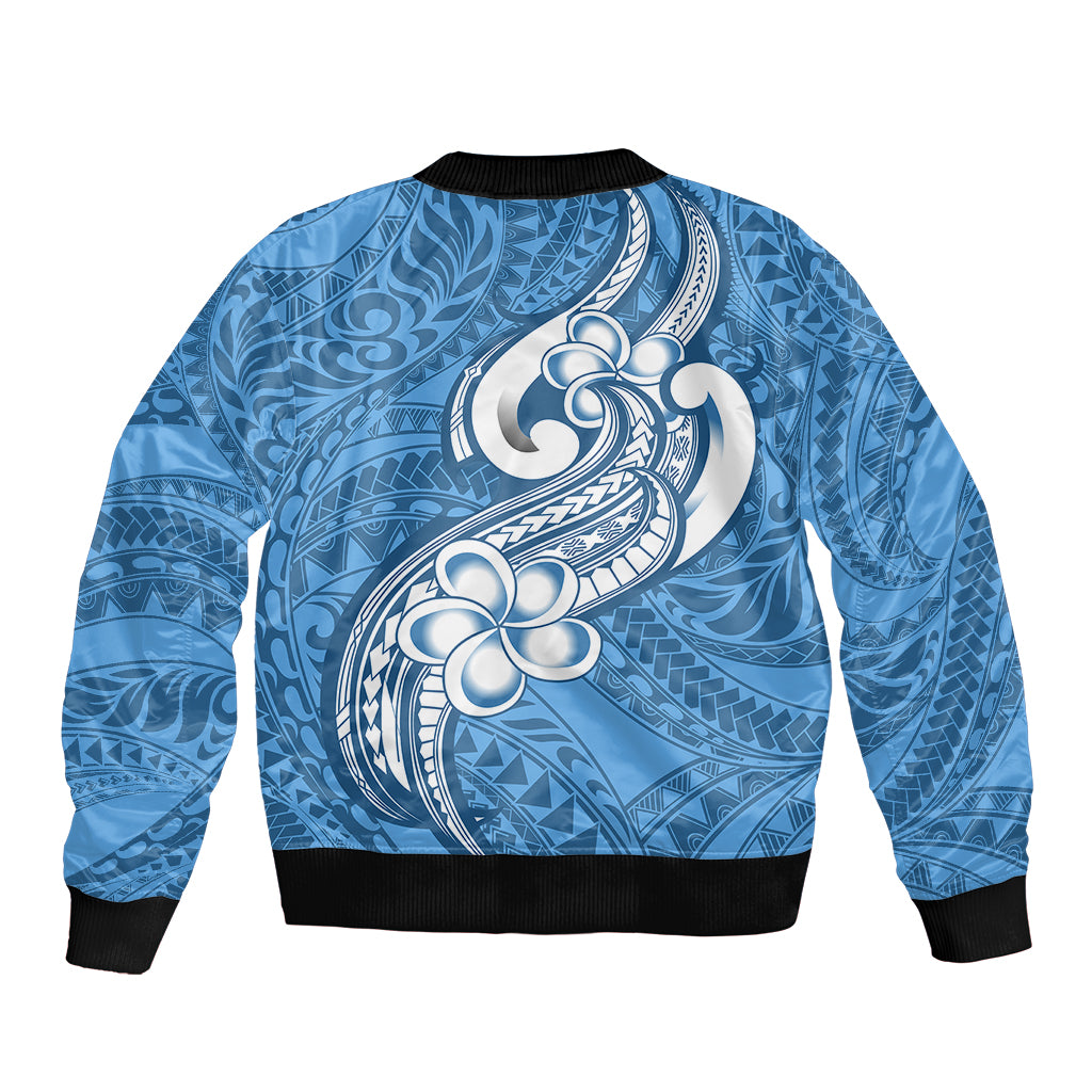 Polynesia Bomber Jacket Plumeria With Tribal Pattern Blue Pastel Vibes - Wonder Print Shop
