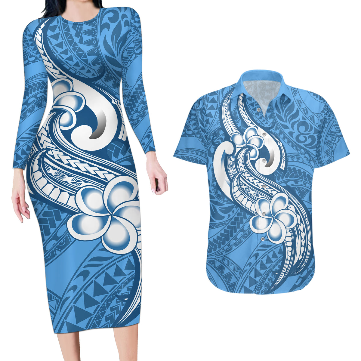Polynesia Couples Matching Long Sleeve Bodycon Dress and Hawaiian Shirt Plumeria With Tribal Pattern Blue Pastel Vibes - Wonder Print Shop