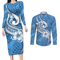 Polynesia Couples Matching Long Sleeve Bodycon Dress and Long Sleeve Button Shirts Plumeria With Tribal Pattern Blue Pastel Vibes - Wonder Print Shop