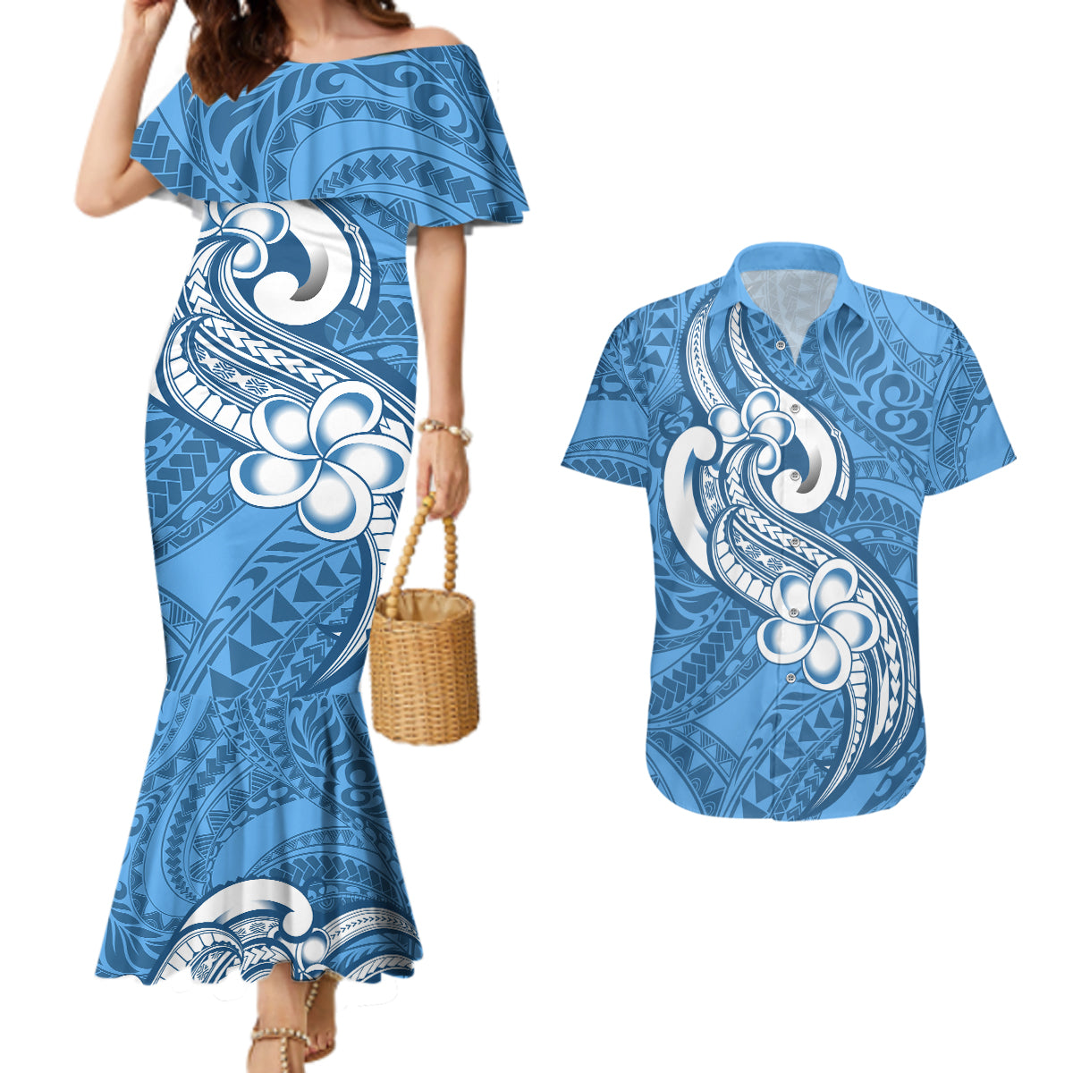 Polynesia Couples Matching Mermaid Dress and Hawaiian Shirt Plumeria With Tribal Pattern Blue Pastel Vibes - Wonder Print Shop