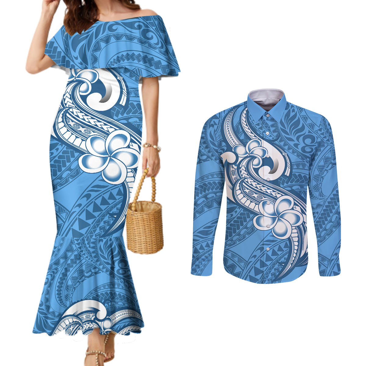 polynesia-couples-matching-mermaid-dress-and-long-sleeve-button-shirts-plumeria-with-tribal-pattern-blue-pastel-vibes