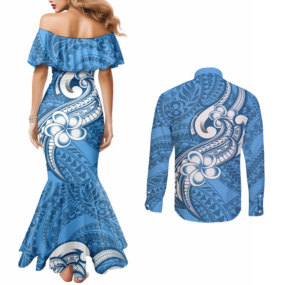 polynesia-couples-matching-mermaid-dress-and-long-sleeve-button-shirts-plumeria-with-tribal-pattern-blue-pastel-vibes