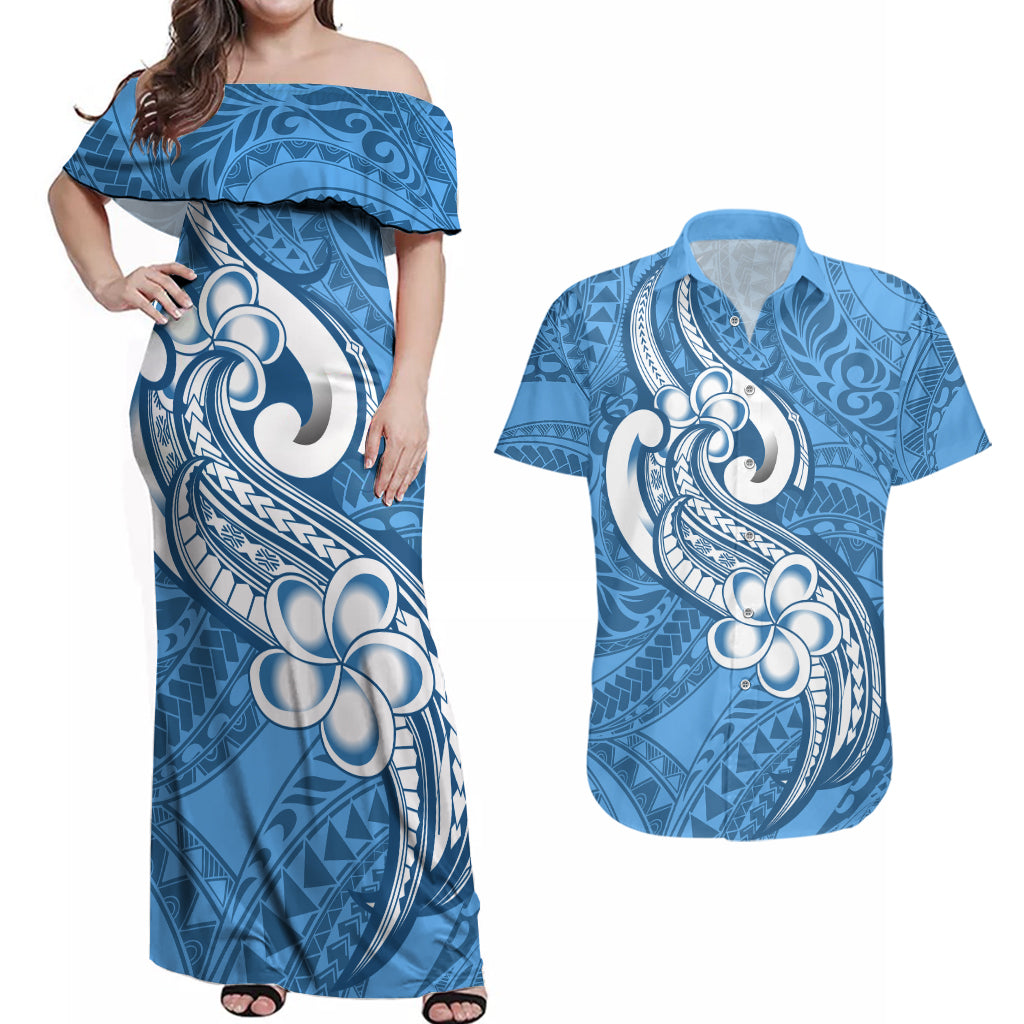 Polynesia Couples Matching Off Shoulder Maxi Dress and Hawaiian Shirt Plumeria With Tribal Pattern Blue Pastel Vibes - Wonder Print Shop