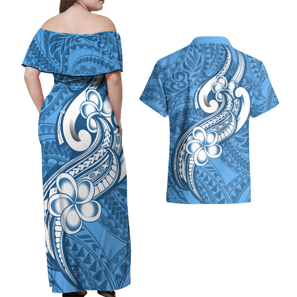 Polynesia Couples Matching Off Shoulder Maxi Dress and Hawaiian Shirt Plumeria With Tribal Pattern Blue Pastel Vibes - Wonder Print Shop