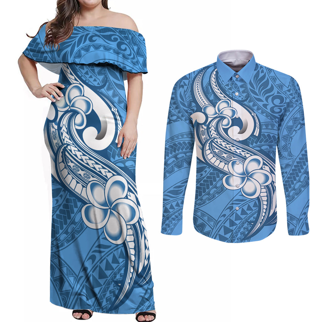 Polynesia Couples Matching Off Shoulder Maxi Dress and Long Sleeve Button Shirts Plumeria With Tribal Pattern Blue Pastel Vibes - Wonder Print Shop