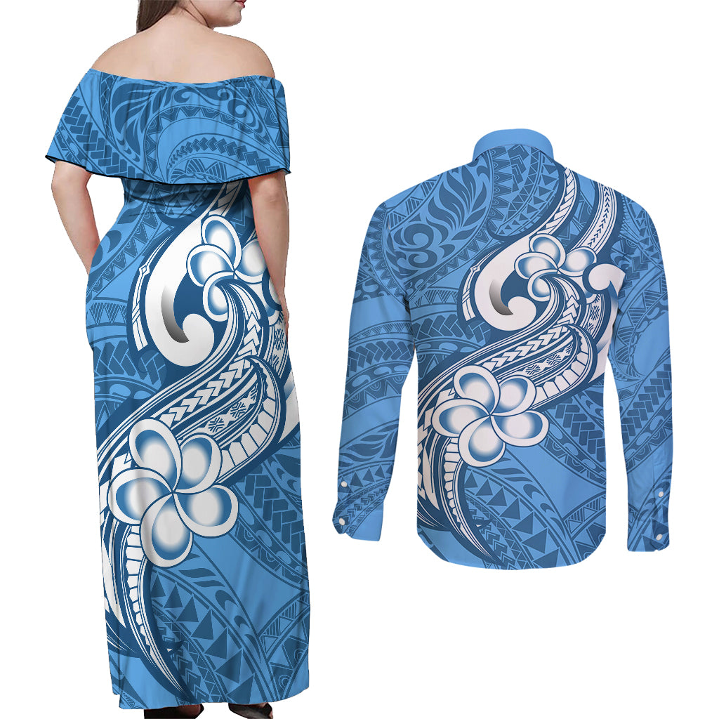 Polynesia Couples Matching Off Shoulder Maxi Dress and Long Sleeve Button Shirts Plumeria With Tribal Pattern Blue Pastel Vibes - Wonder Print Shop