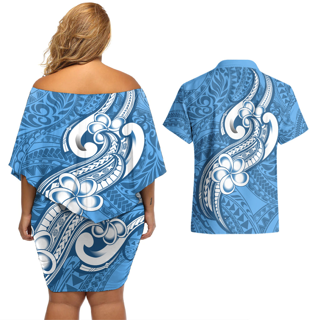 Polynesia Couples Matching Off Shoulder Short Dress and Hawaiian Shirt Plumeria With Tribal Pattern Blue Pastel Vibes - Wonder Print Shop