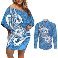 Polynesia Couples Matching Off Shoulder Short Dress and Long Sleeve Button Shirts Plumeria With Tribal Pattern Blue Pastel Vibes - Wonder Print Shop